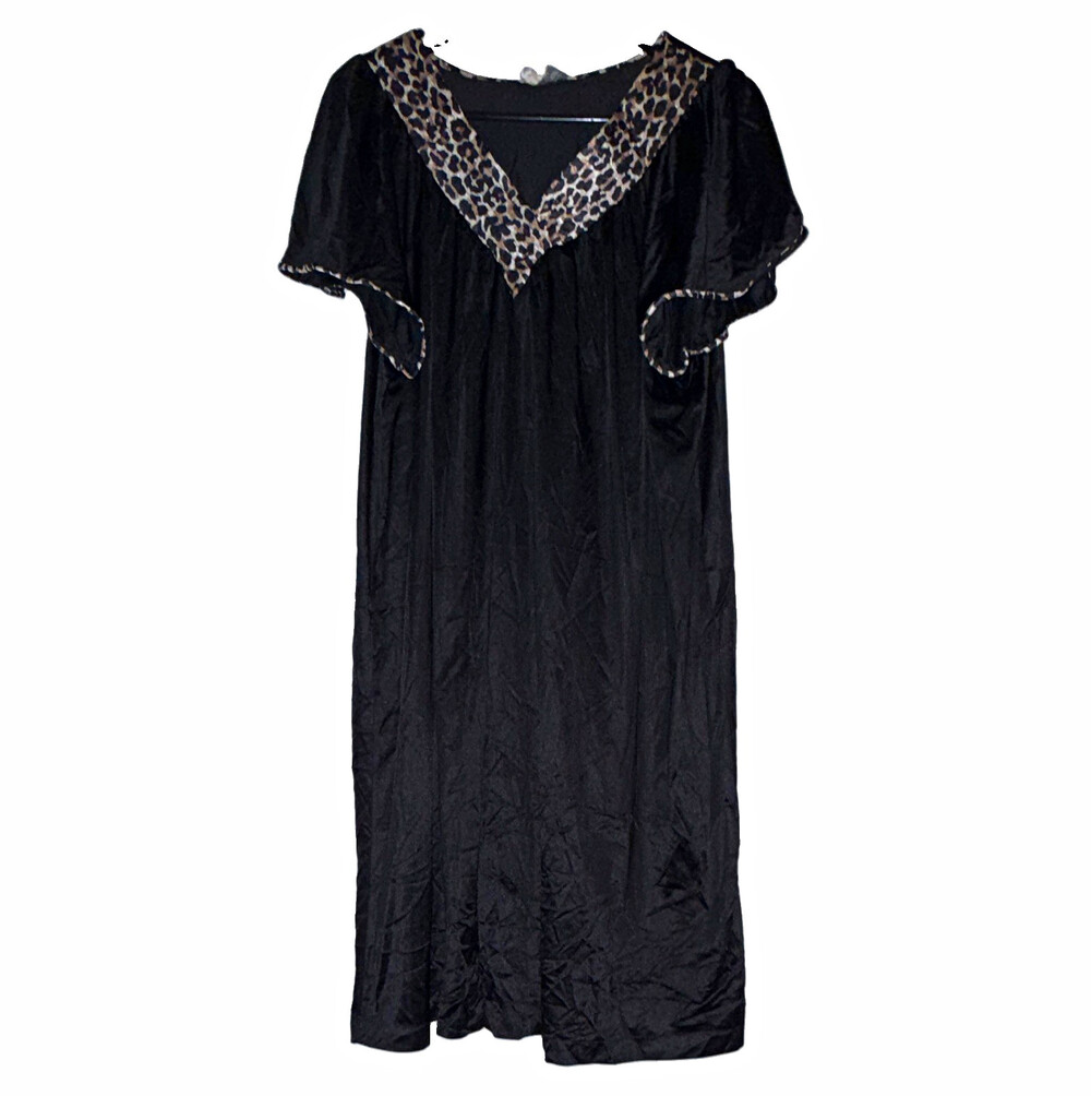 Vanity Fair Women's Full Slip L Black Nylon Leopard Animal Print Lace Trim